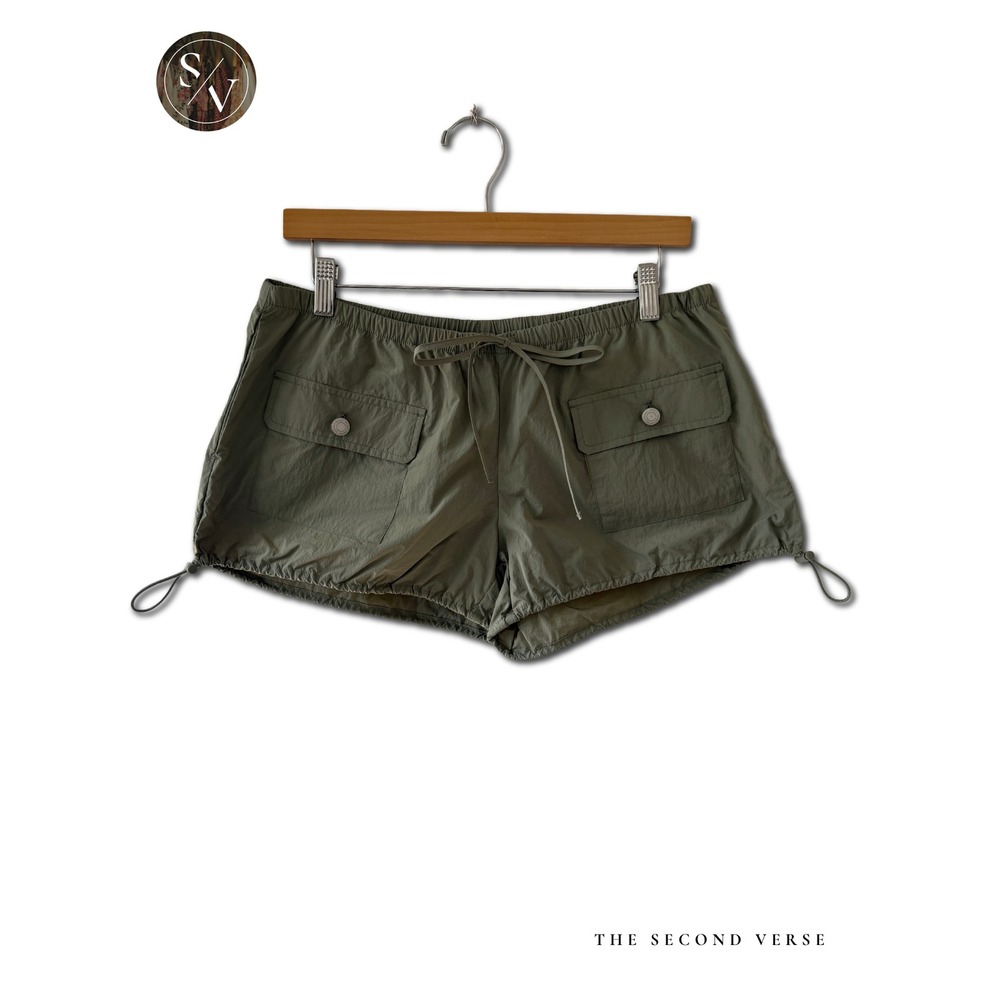 New Monki Sage Green Nylon Utility Cargo Shorts Women Size Medium